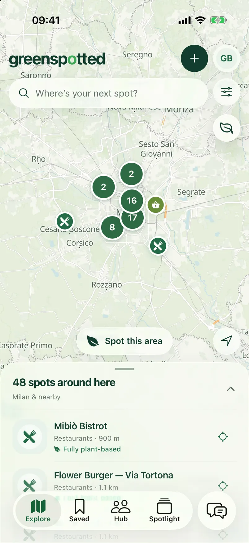 GreenSpotted Explore on iPhone: a map of Milan with clusters of plant-based places and 48 spots around here.