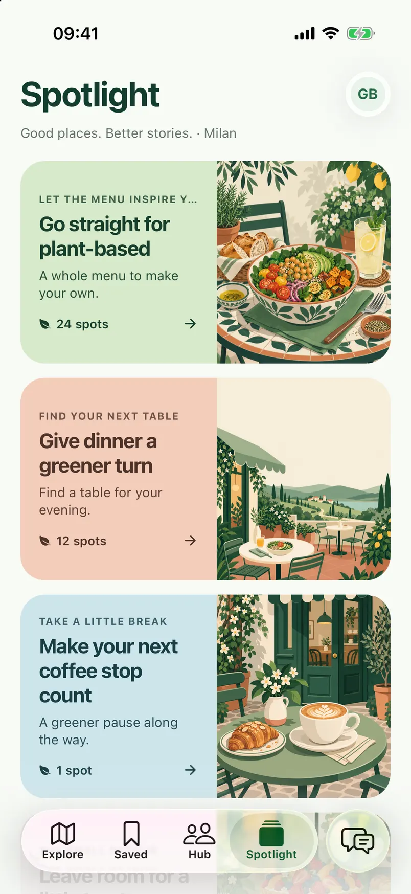 GreenSpotted Spotlight on iPhone: illustrated plant-based collections for Milan, such as Go straight for plant-based and Give dinner a greener turn.